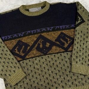 90s Vintage Gitano Geometric Knit‎ Sweater | Olive / Navy | Size XL